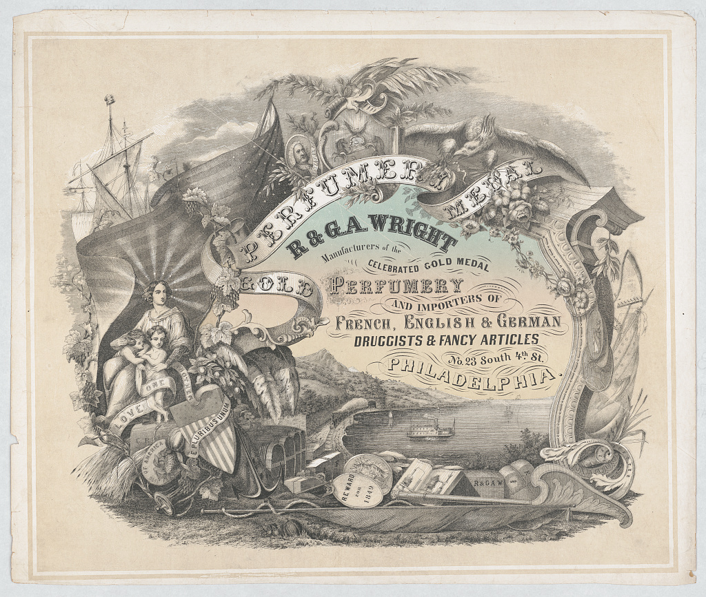 Perfumery gold medal - R & G.A. Wright manufacturers of the celebrated gold medal perfumery and importers of French, English & German druggists & fancy articles No. 23 South 4th St. Philadelphia